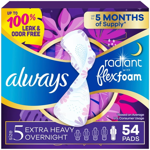 Always Radiant with Flex Foam Pads, Size 5, Extra Heavy Overnight, with Wings, 54 Count