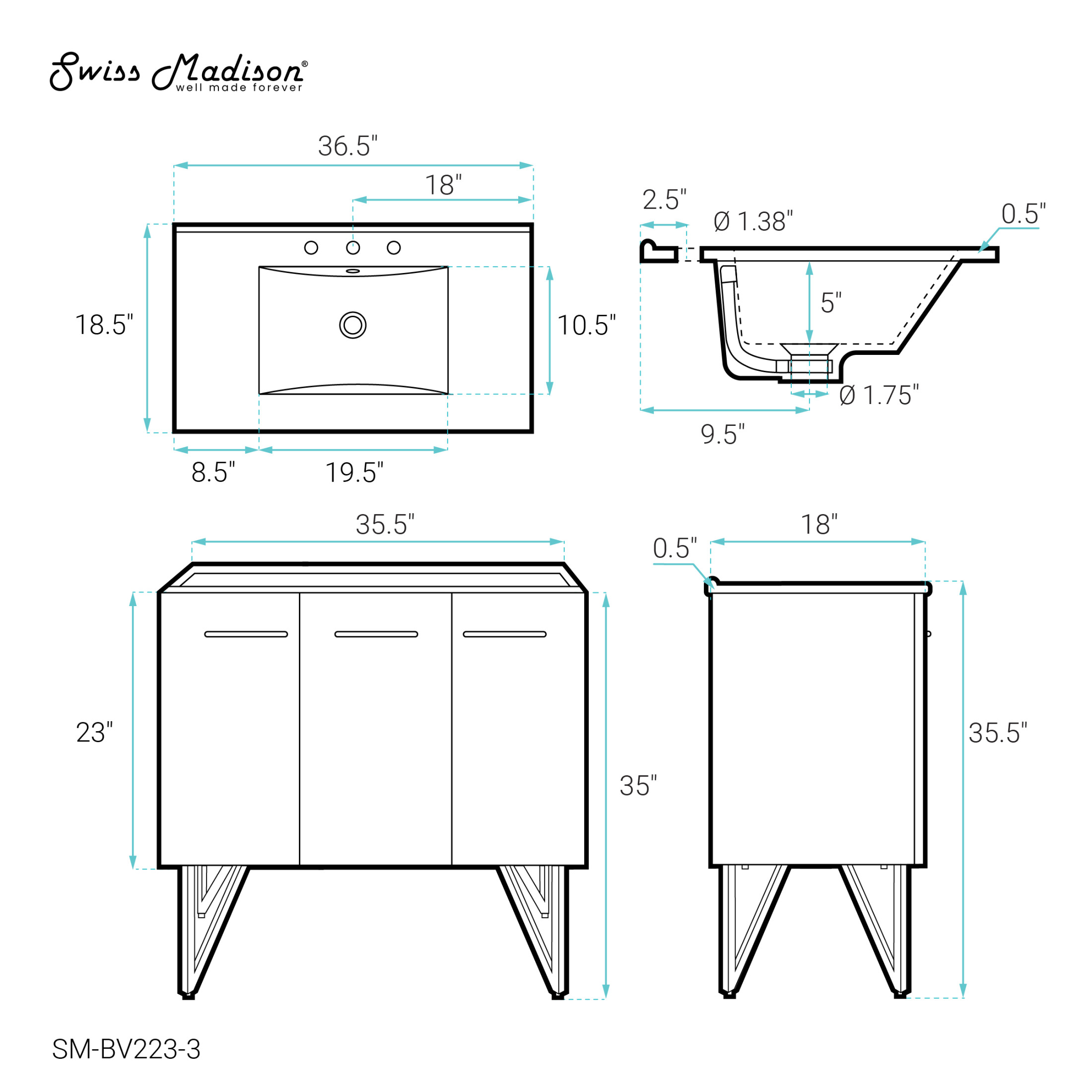 Annecy 36 in. Black Walnut Bathroom Vanity With White, 3-Hole Ceramic Sink Top