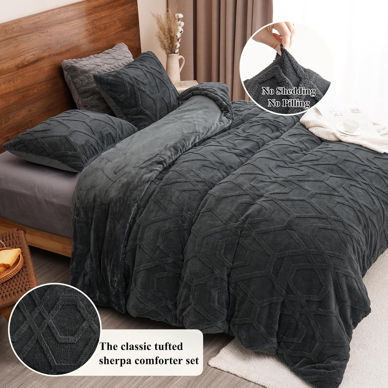PHF Warm Sherpa Fleece Queen Comforter Set, 3D Tufted Fluffy Dark Grey Bedding for Winter, Soft 3 Pieces Shaggy Bed Set, 1 Comforter (90"x90") and 2 Pillowcases (20"x26")
