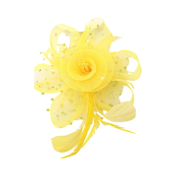 Jumpingount Hermoso detalle flor pluma diadema tocado mujeres flor malla plumas clip único Accesorio para el cabello amarillo