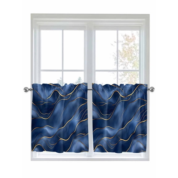 Half Window Curtain 36 Inches Long, Navy Blue Marble Window Treatment Curtain Drapes, Abstract Modern Golden Geometric Small Tier Curtains for Bathroom Over Sink, 27.5"x36", 2 Panels