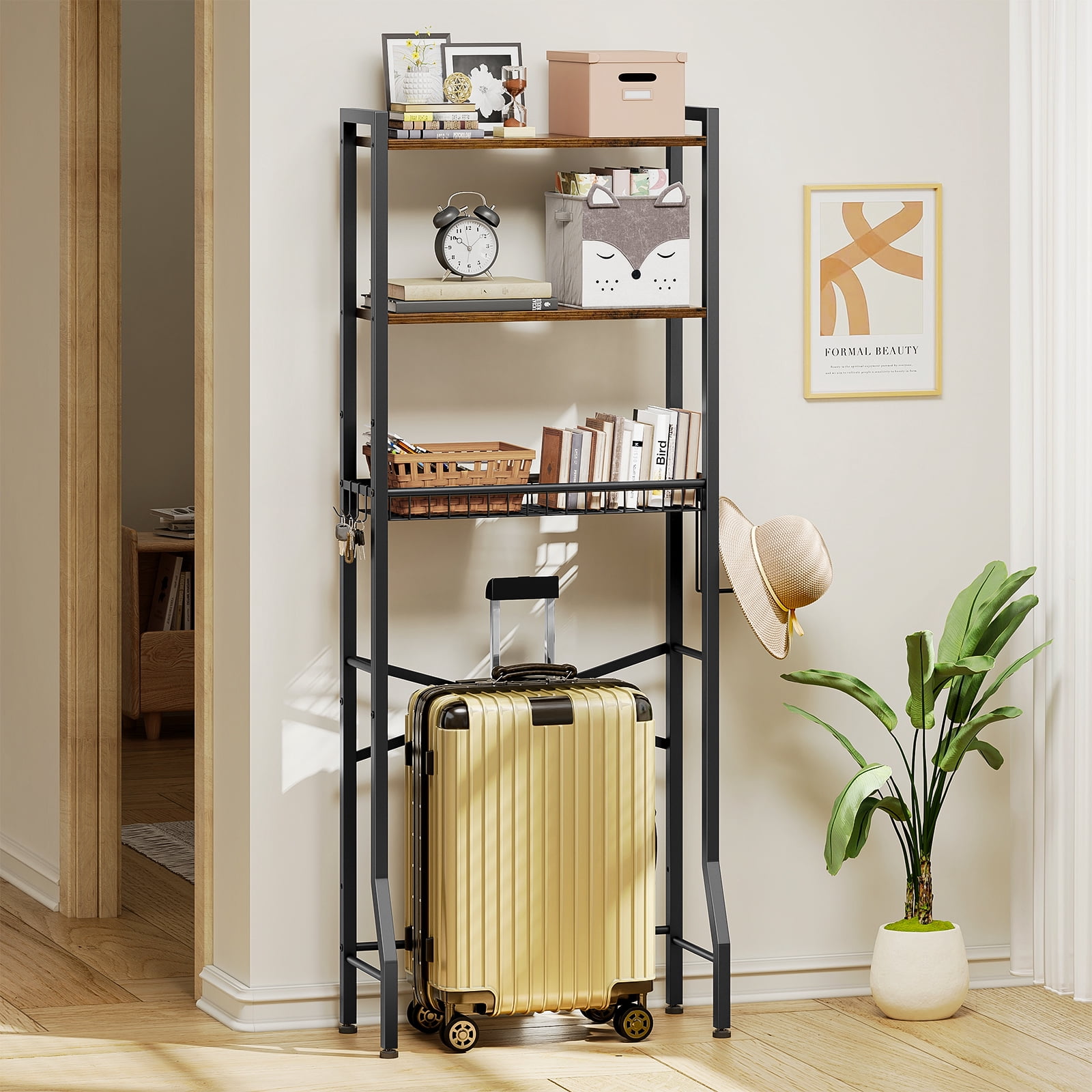 Biemlerfn Over The Toilet Storage Shelf, 3-Tier Wooden Bathroom Organizer Freestanding Space Saver with Toilet Paper Holder and 3 Hooks, Brown