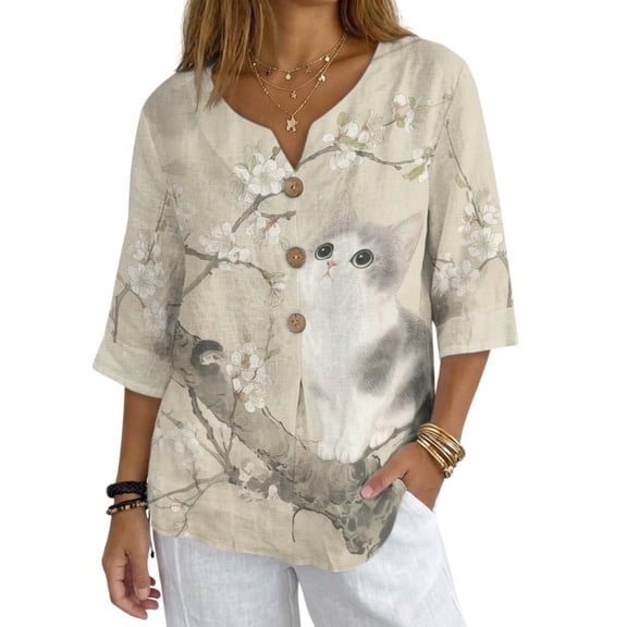 Xoenoiee Cat Cherry Blossom Print Women's Vintage Linen Tops 3/4 Sleeve Boho Summer Graphic Tees Tunic Shirts Casual Loose Button Blouses, Size S