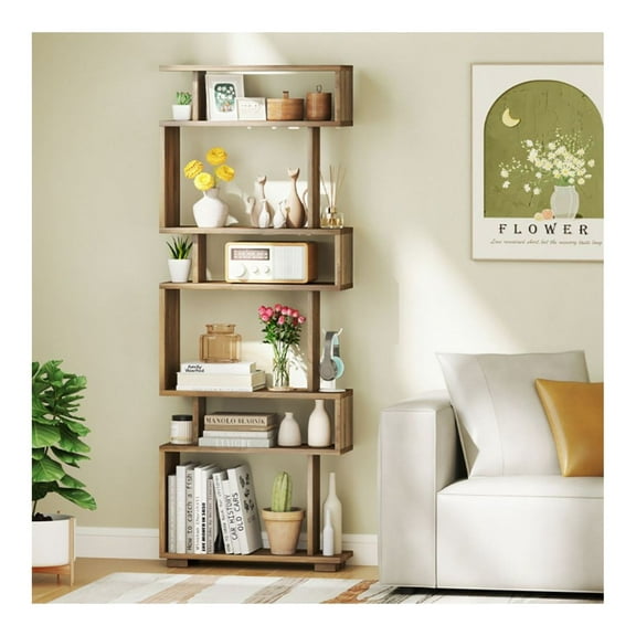 6-Tier Bookcase with Anti-Tipping Kit, White/Walnut Engineered Wood Shelving Unit - 23.5"x8"x64" Modern Geometric Design for Living Room, Bedroom, Study