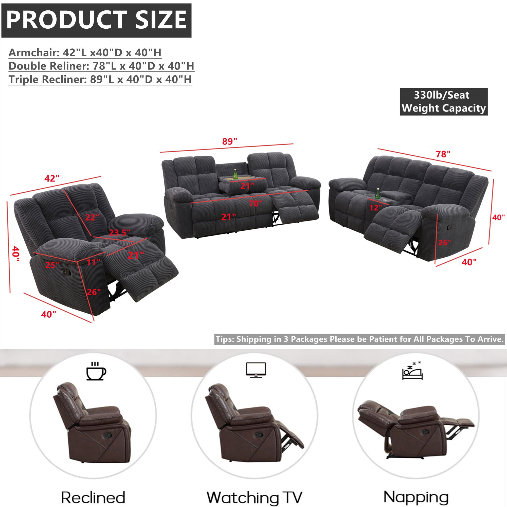Aukfa 3-Piece Recliner Sofa Set, Oversized Armchair+Loveseat +3 Seat Sofa, 2 Cup Holders&Storage Console, Corduroy, Gray