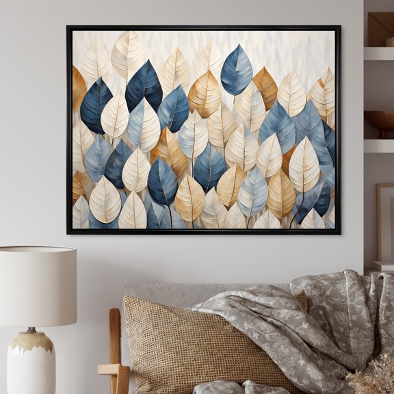 Designart "Collage Of Beige And Blue Minimalism Leaves I" Leaves Floater Framed Wall Decor