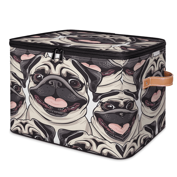 CURLYOOT Cartoon Bulldog Fabric Storage Bins with Lids, Foldable Storage Boxes Washable Storage Cube, Closet Bedroom Home Organizer Containers with PU Leather Handles