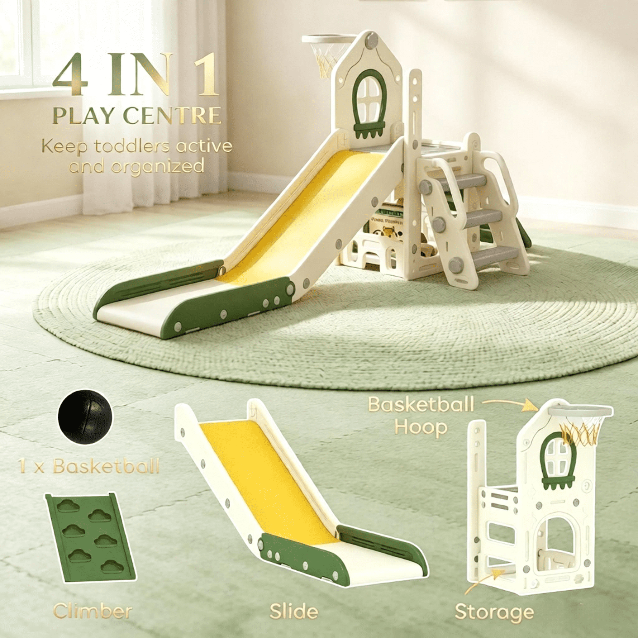 Indoor Slide with Basketball Hoop, Foldable Toddler Slide, Compact Indoor Playground Set