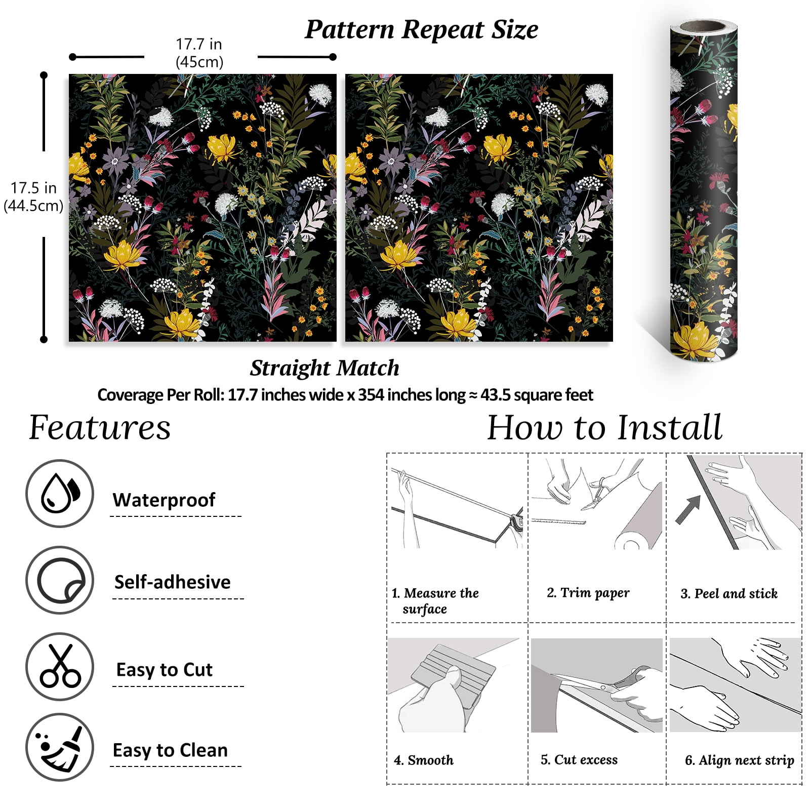 VEELIKE Dark Meadow Flowers Floral Peel and Stick Wallpaper Vintage Floral Wallpaper Mural Prepasted Removable Wallpaper 17.7''x354'' Vinyl Contact Paper Decorative for Bathroom Walls Cabinets Shelves
