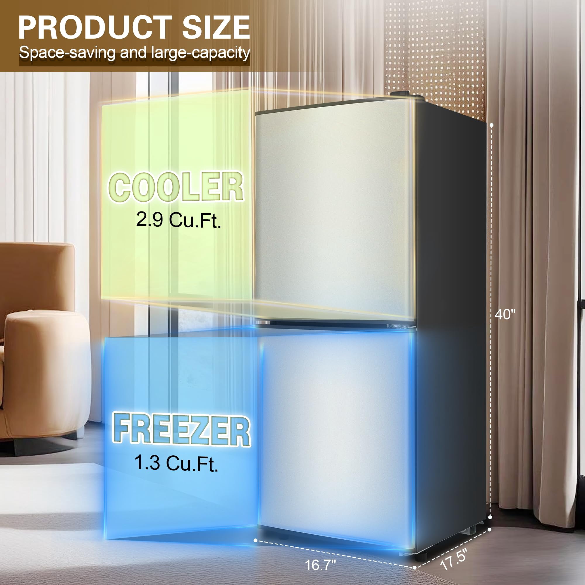 4.2 Cu.Ft Small Fridge with Freezer, 7 Level Adjustable Thermostat, 2 Door Design, Removable Glass Shelves, Quiet 38dB Energy Saving for Dorm Office Kitchen, Silver