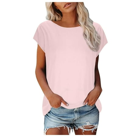 OJSFQUFP Dress Blouses for Women Elegant Pink Casual Loose Fashion Short Sleeve T Shirt for Women Solid Color Round Neck Tee Top Elegant and Stylish Shirt S