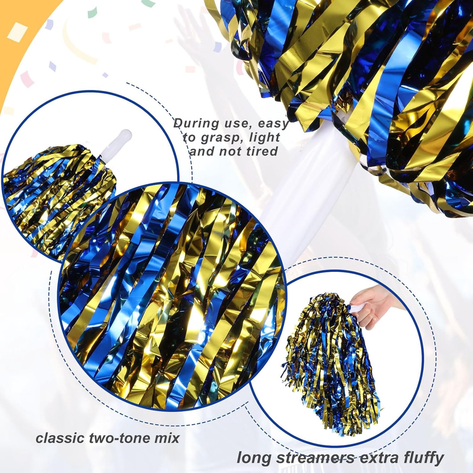 12-Pack Cheerleading Pom Poms, Metallic  Pom Poms Bulk with Handles, Plastic Sports Pom Poms for Cheerleading, Dance & Parties