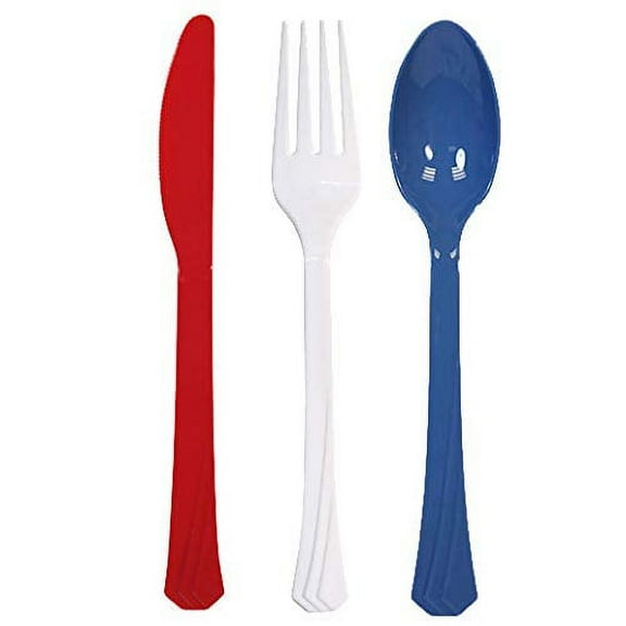 Tiger Chef Red Blue White American Flatware Party Supplies, Heavyweight Colored Plastic Silverware Includes 96 Forks, 96 Teaspoons, and 96 Knives (July 4th, 288)
