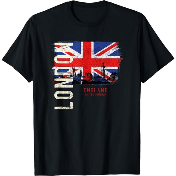 Vintage London England T-Shirt Distressed Union Jack UK Flag Souvenir Graphic Tee for Men Women Adult Short Sleeve Retro British Apparel