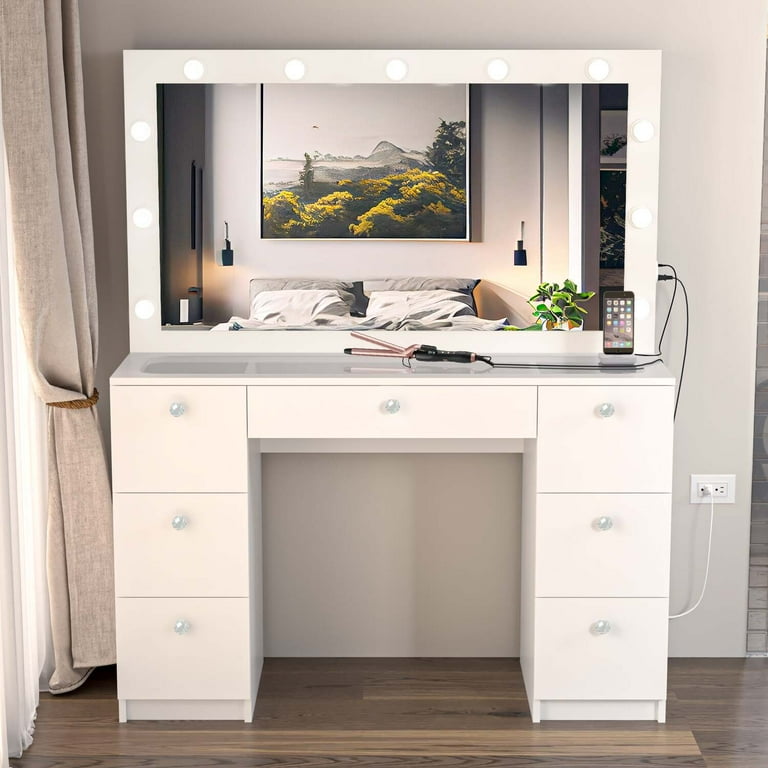 Boahaus Yara Bedroom Makeup Vanity Desk with Mirror and Lights 7