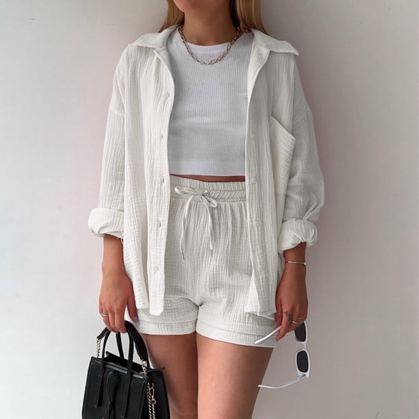 MKLEKYY Conjunto De Camiseta De Manga Larga Lisa Para Mujer, Pantalones Cortos Con Cordón Y Cintura Alta, Informal, Sin Mangas