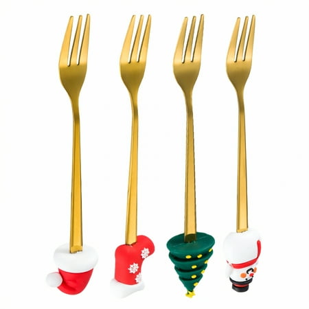 ACDANC 4 Pieces Serving Utensils,Stainless Steel Christmas Table Highlight Forks and Spoons Silverware Set,Fruit Pairing Gold Flatware,Mix3