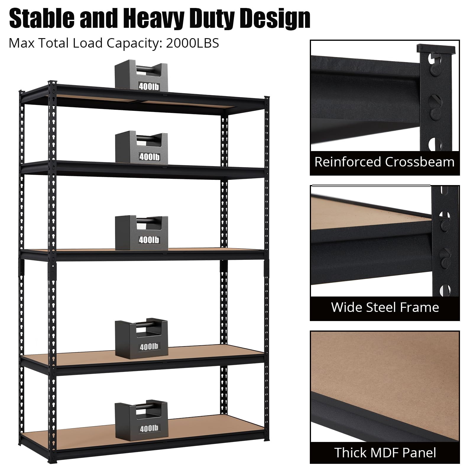 KOKEBREN 5 Tier Storage Shelving Heavy Duty, 48" W x 24" D x 72" H Adjustable Metal Shelving Unit, 2000Lbs Capacity,Storage Shelf for Garage,Warehouse