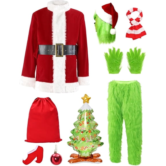 Alaiyaky Green Monster Costumes Adult, 11PCS Christmas Furry Santa Suit for Men Halloween Xmas Cosplay Outfit Mask Hat