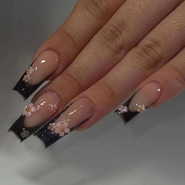 Uñas postizas extraíbles con pegamento, uñas de Ballet con diseños, degradado, marrón brillante, prensa en uñas, ataúd, purpurina, 24 piezas