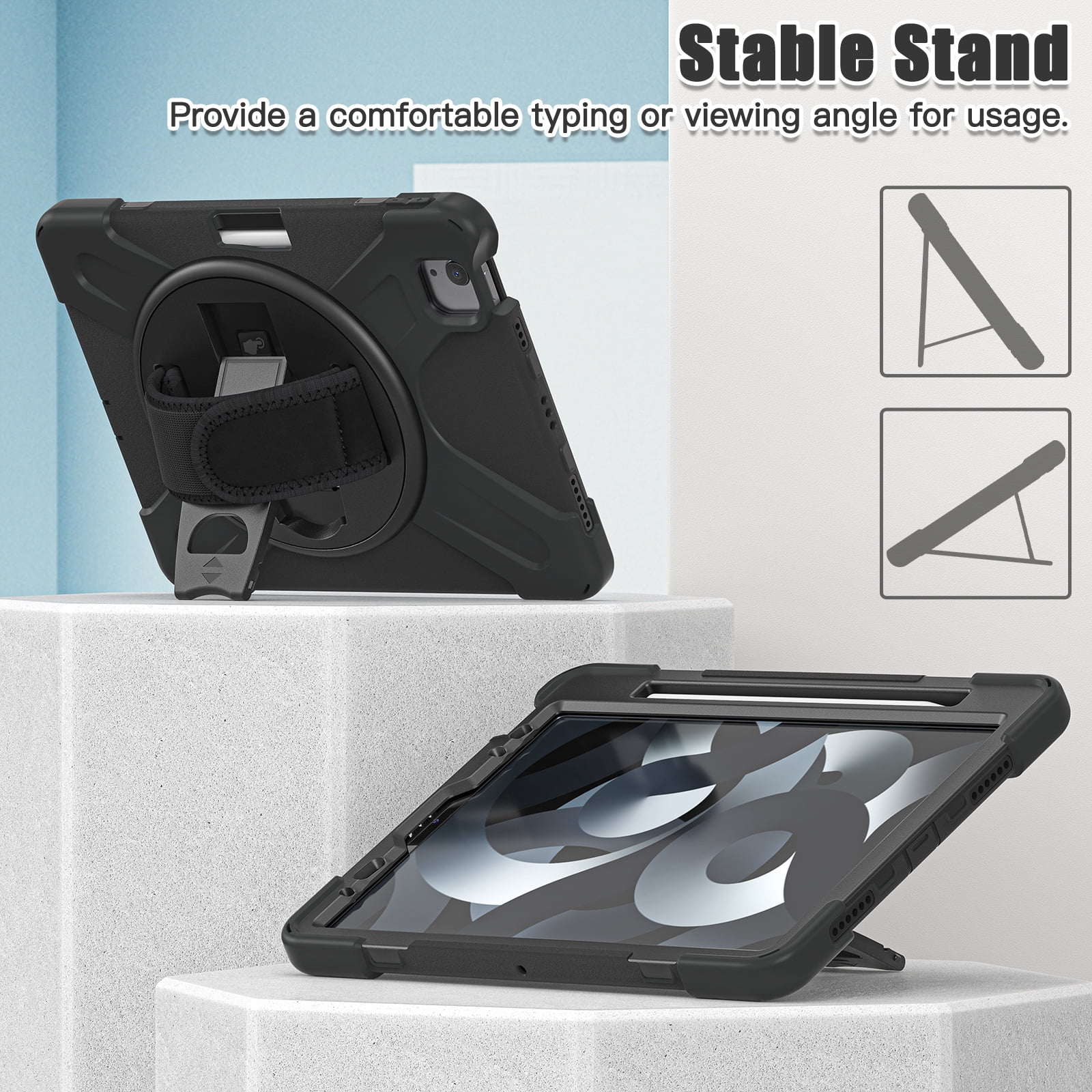 ELEHOLD Case For Apple iPad 11th(A16) 2025/10th Gen 2022, Military Grade Silicone Hybrid Rugged Case with Pencil Holder Rotating Stand Hand/Shoulder Strap,Black