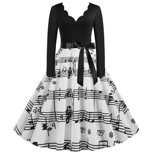 Dress for Women Elegant for Party Women Vintage Long Sleeve Note Print 1950S Housewife Evening Party Prom Dress Party Dress for Women Elegant Long Dress for Women Elegant