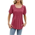 thumbnail image 2 of TrendVibe365 Summer Tops for Women 2024 Spring Blouse Tunic Pleated Plain Slim Curvy Hem Shirts Ruffle Sleeve Short Sleeve Tees Pullovers Square Neck Tshirts Clothes, 2 of 5