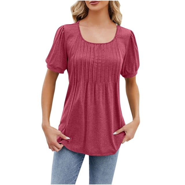 FAIWAD T-Shirts d'Été pour Femmes à Manches Courtes Bouffantes, Encolure Carrée, Tunique Plissée, T-Shirt Ample Chic, Blouse Fluide