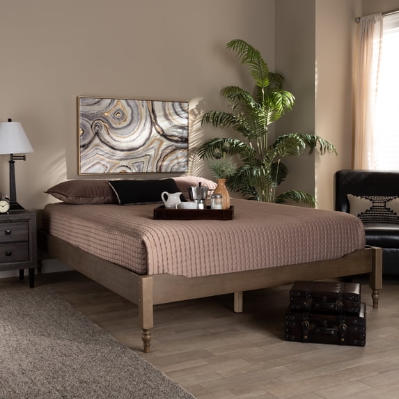 Skyline Decor French Bohemian Weathered Grey Oak Finished Wood Full Size Platform Bed Frame