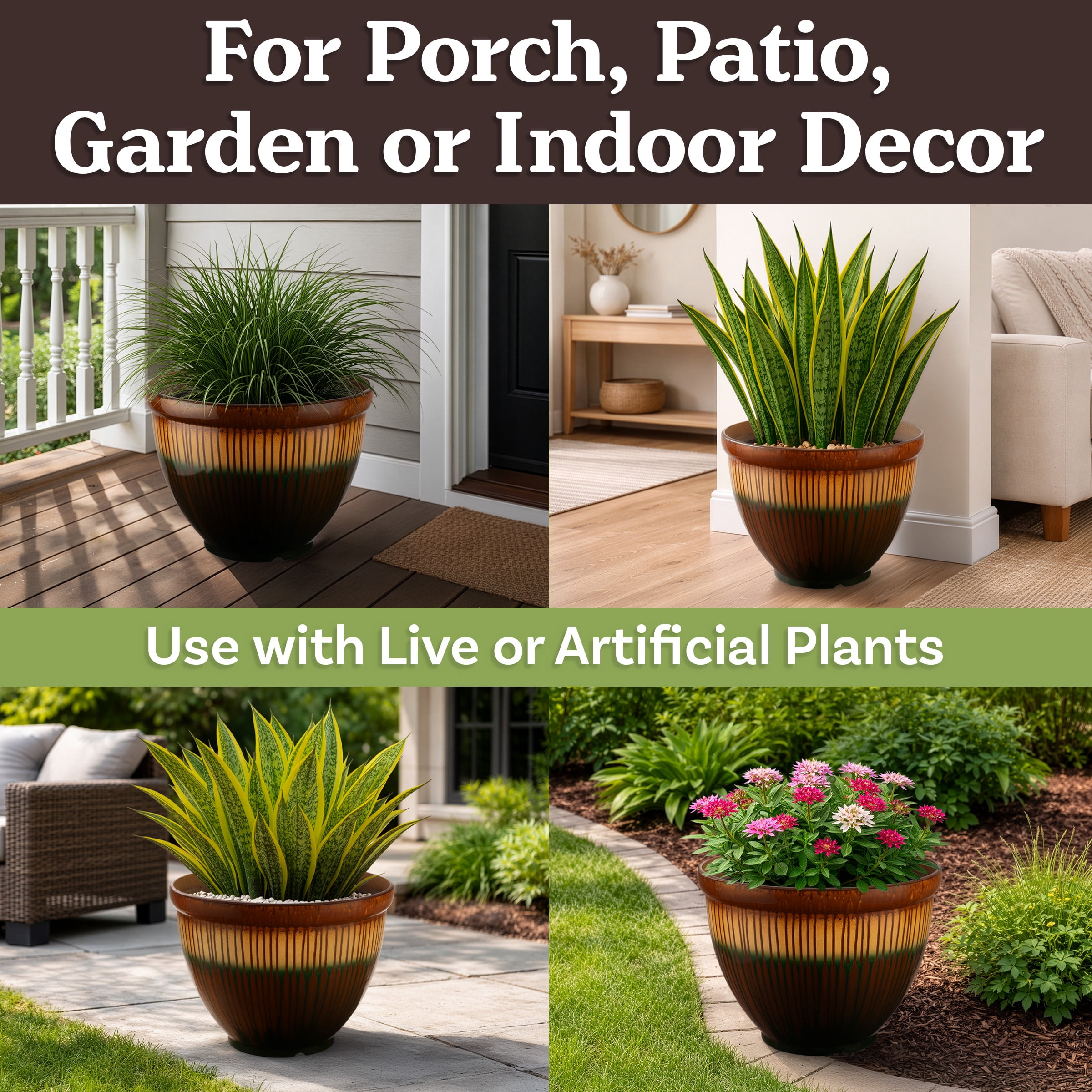 Pure Garden 13.7” Large Plastic Plant Pot with Glazed Ceramic Look for Indoors or Outdoors, Bronze