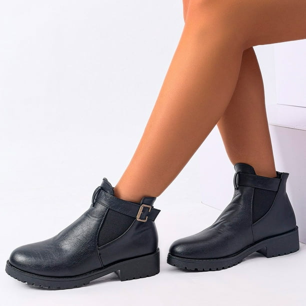 YOUSNH Women s Fashion Black Elastic Top Buckle Ankle Boots Slip on Low Heeled Ankle Boots Women s Boots Black 6.5 Walmart