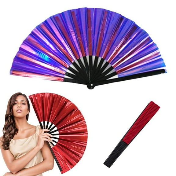 2025 New Large Holographic Folding Hand Fan Line Dance Popping Fan, Clap Fans for Line Dancing Foldable Craft Holding Laser Colors Hand Fan