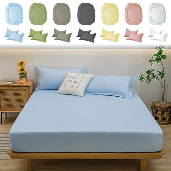 Juego de ropa de cama de 3 piezas de poliéster azul con sábana bajera y fundas de almohada. Funda de colchón de 220 x 180 cm y fundas de almohada de 74 x 48 cm. Color liso. Acabado lavado resistente R