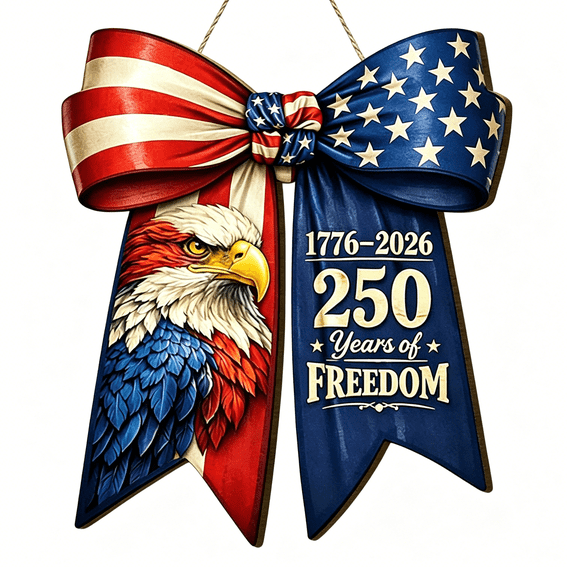 AUQ Bow 4th of July Door Banner,250th Anniversary Patriotic Hanging Sign for Front Door,Eagle American Flag Design Red White Blue Bow Wall Door Decor 250 Years Sign Independence