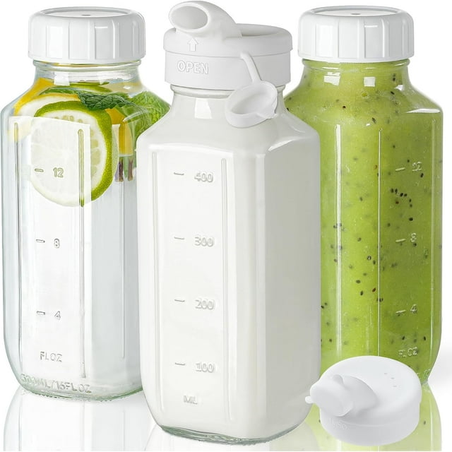 Set de 3 Botellas de Cristal de 16 oz con Tapas Herméticas y Boquillas Vertedoras para Jugos, Leche Materna y Bebidas