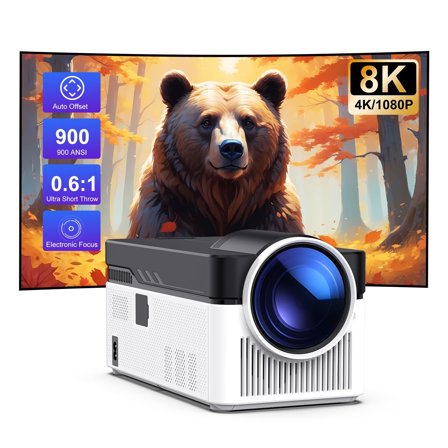 [900 ANSI & Electric Focus] Ultra Short Throw Smart Projector with WiFi 6 and BT 5.4, Native 1080P 4K Support, Auto Correction Video Projector for Home Theater Outdoor Use HY450