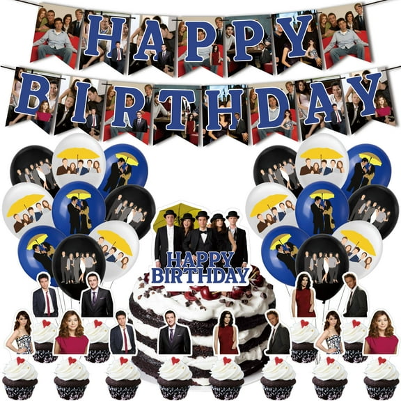 32 Piece For How I Met Your Mother Cartoon-Themed Party Decoration Set – Includes Banner, Cake Topper, 18 Balloons, and 12 Cupcake Toppers for Festive Celebrations