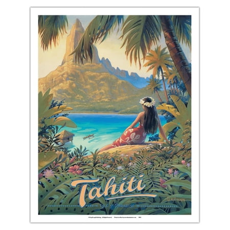 Tahiti - Isle of Paradise - Society Islands - Vintage Travel Poster by Kerne Erickson - Fine Art Matte Paper Print (Unframed) 11x14in