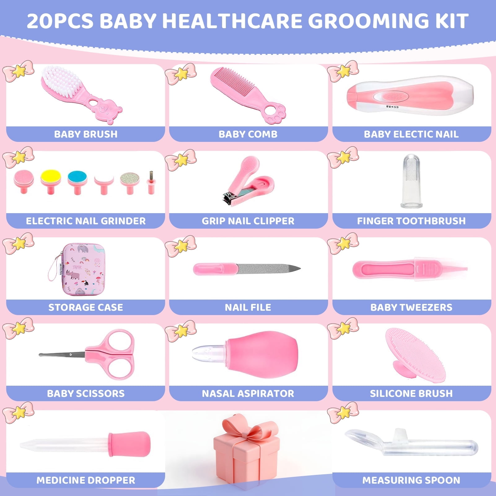 Dofurz 20 Pcs Baby Healthcare and Grooming Kit, Safety Newborn Nursery Baby Care Kit, with Hair Brush Comb, Nail Clipper, Thermometer, Newborn Essentials Girls Boys