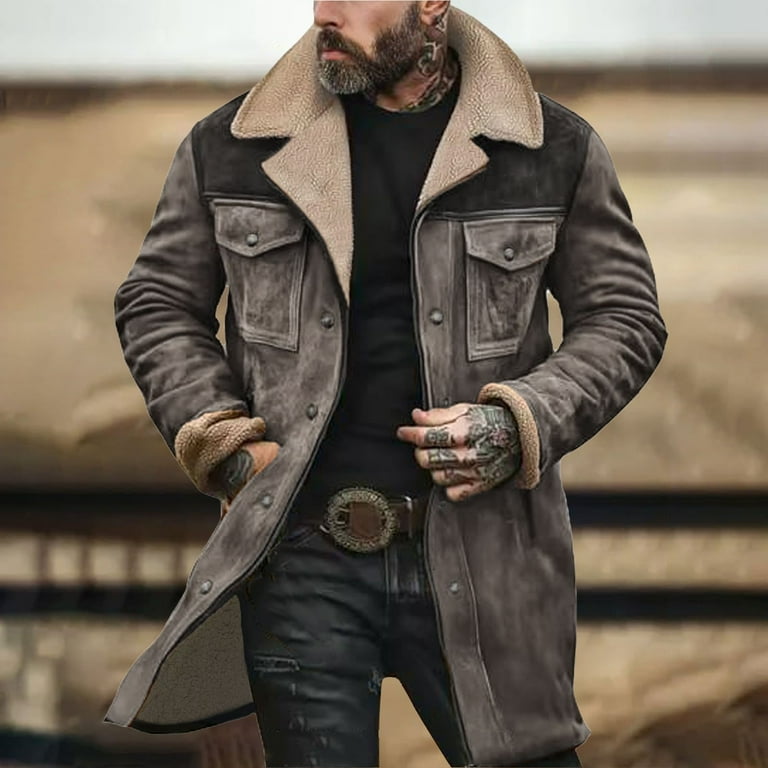 Mens Western Cowboy Jacket Distressed Suede Long Trench Coats Zip