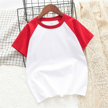 qolati Girls Boys Raglan Short Sleeve Shirt Baseball Tee Cotton T-Shirt Round Neck Solid Color Pullover Tops 3-12Years