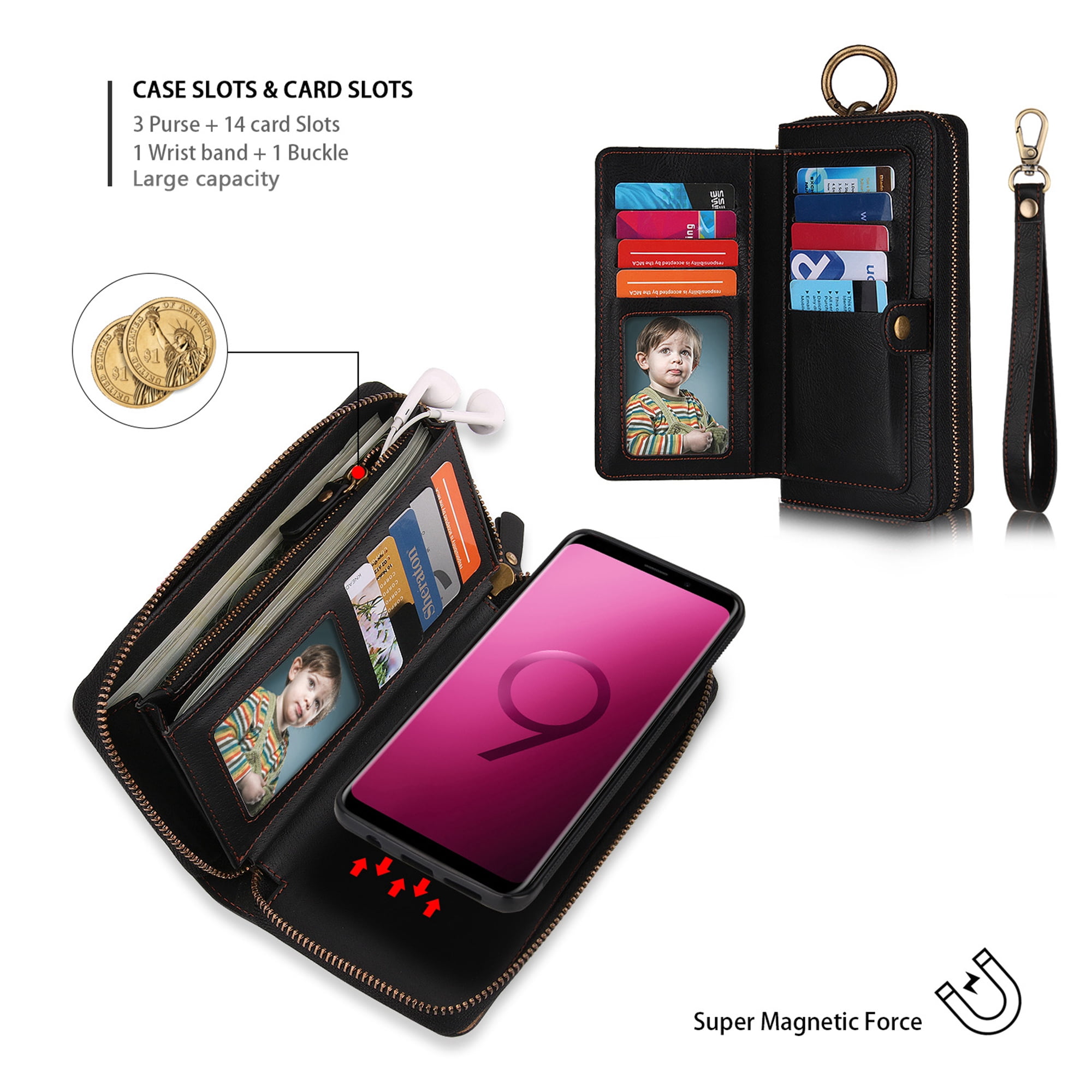 Galaxy S9 Plus Wallet Detachable Case, Dteck [wrist band][14 Card Slots] Zipper Purse Phone Case Multi-functional Folio Flip PU Leather Removable Magnetic Back Cover For Samsung Galaxy S9+,Black