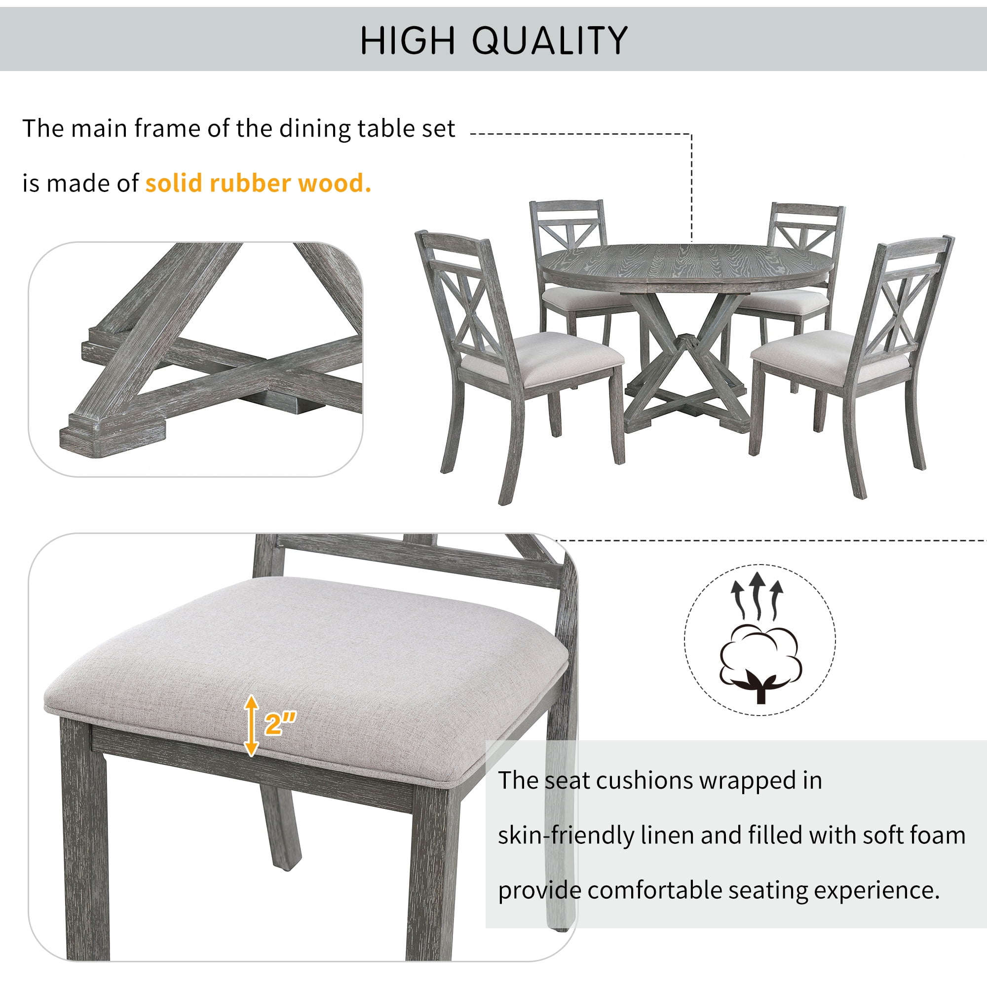Euroco 5-Piece Retro Dining Table Set with Extendable Round Dining Table and 4 Upholstered Chairs for Dining Room and Living Room,Grey