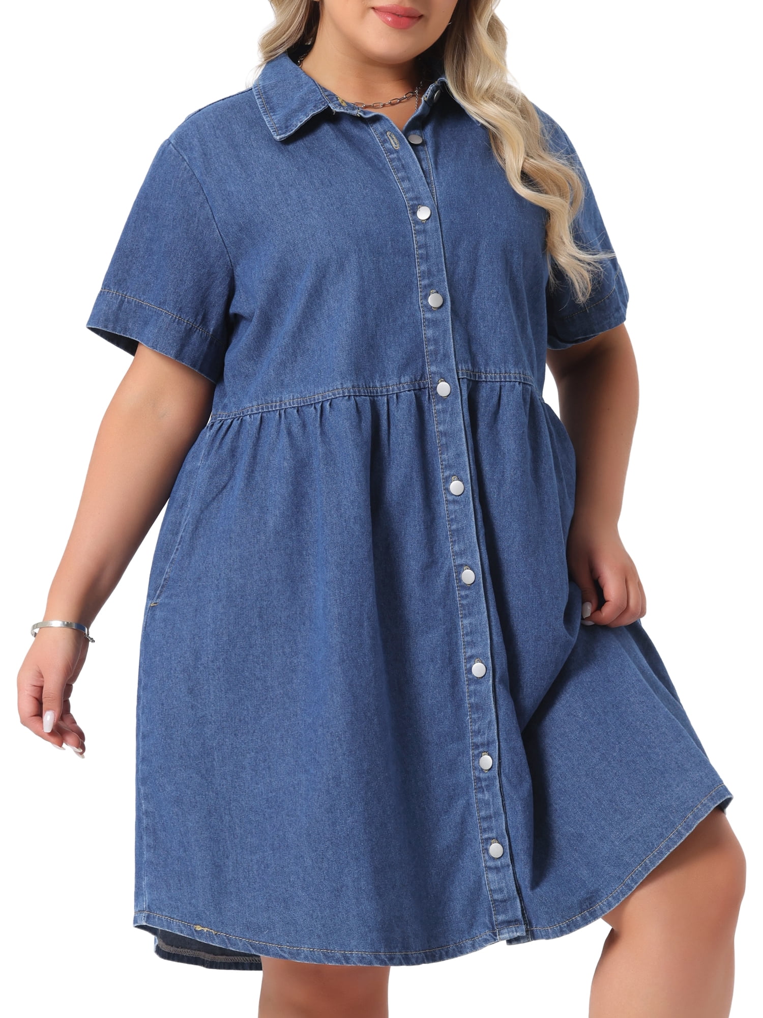 DARING DIVA Women's Plus Size Casual Denim Babydoll Pockets Dress 2X Mid Blue
