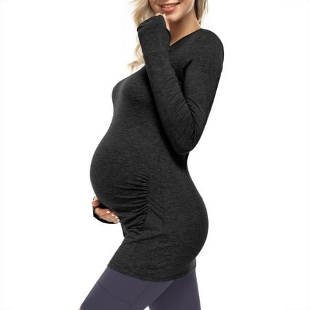 

Eleady Maternity Workout Tops Long Sleeve Thumb Hole Side Ruching Shirts Yoga Clothes Pregnancy T-Shirts(Black XX-Large)