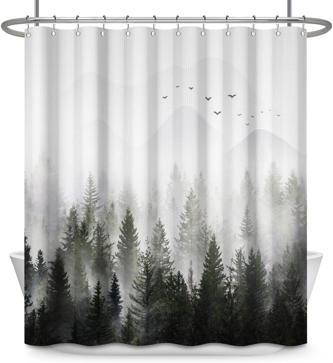 Green Misty Forest Shower Curtain, Rustic Shower Curtain Green Mountain Birds Tree Art Nature Woodland Summer Shower curtains for Bathroom Decorative Bath Curtains 72x72 Water Repellent Waffle Fabric