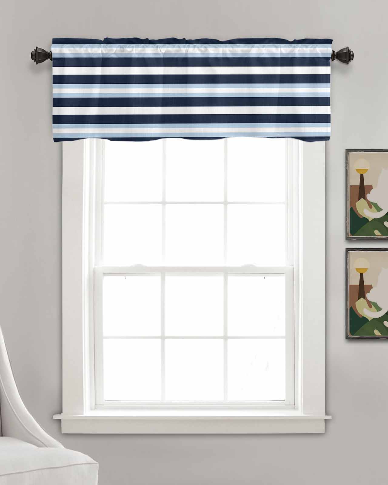 Blue Navy Striped Kitchen Valances for Windows Farmhouse Linen Window Valance Curtain for Living Room Window Treatment Modern Ombre Abstract Lines Pattern Valance Rod Pocket Topper, 60 x 18 Inch