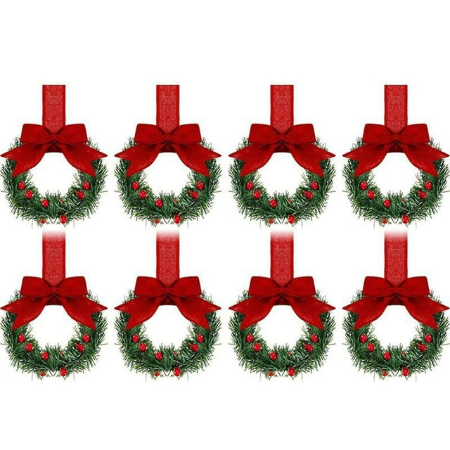 Mini Christmas Cabinet Wreaths 3.94 Inch with Red Ribbon Bows | 12-Pack Small Xmas Kitchen Decoration for Doors, Windows, Office | Festive Holiday Decor Gifts Included