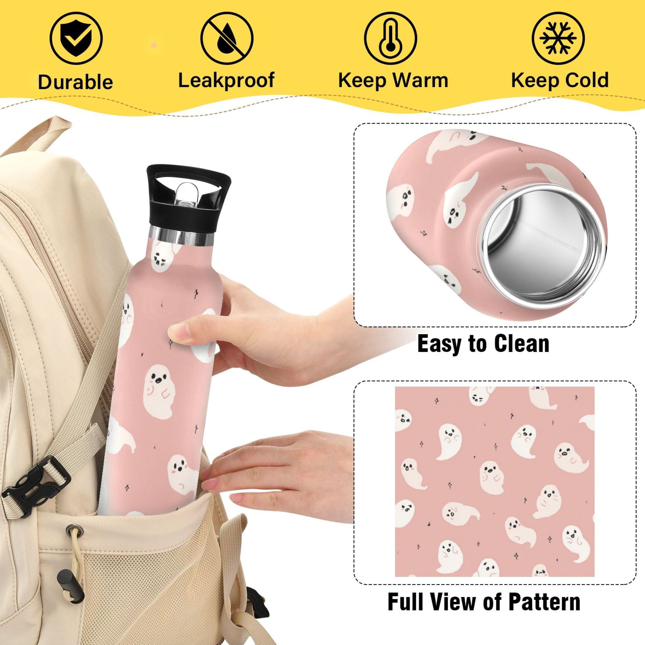 Kids Insulated Stainless Steel Sports Water Bottle 600ml (20oz) Pastel Pink Cute Ghosts