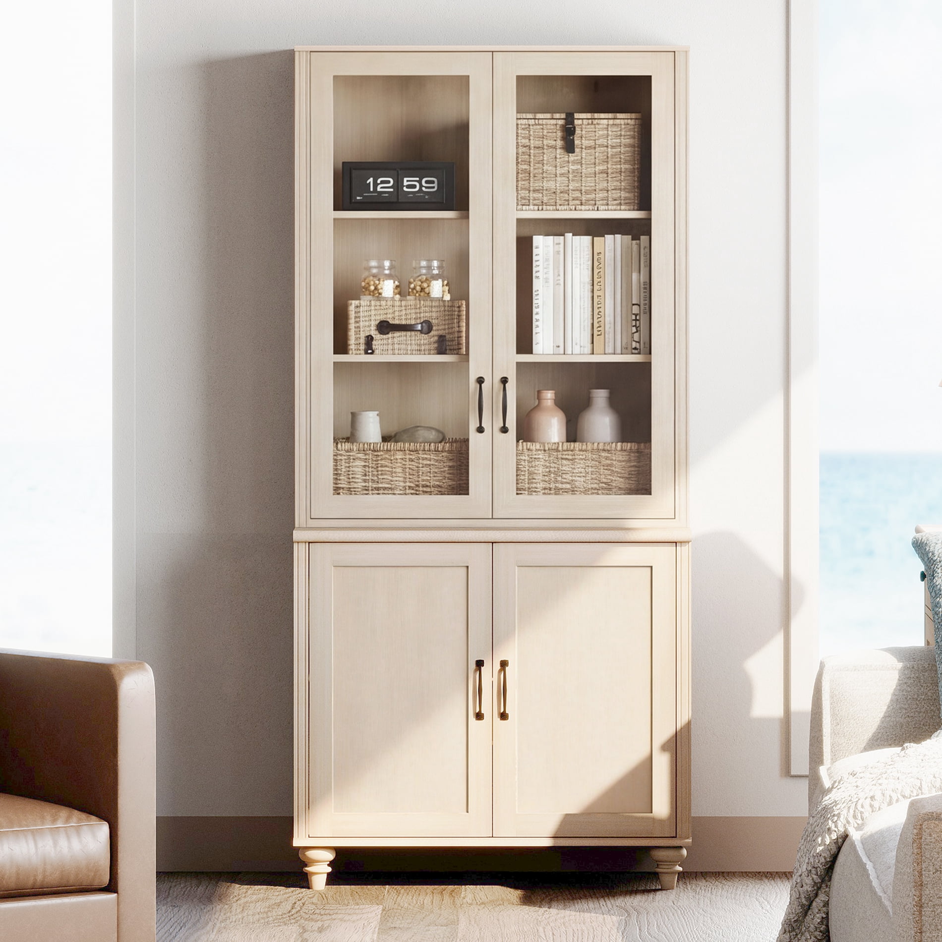 72.1"H × 33.9"W Large Farmhouse Wooden Bookcase with Glass Doors & Shelves, Storage Cabinet Bookcase for Living Room, Bedroom, Home Office & Kitchen, Beige